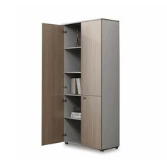 an open cabinet with shelves and doors on the front, in grey and light brown