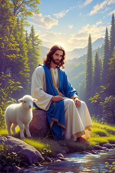 jesus sitting on a rock next to a river with a lamb in the foreground