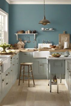 home decor interior design, interior bedroom design, kitchen designs, home paint colors Blue Kitchen Colour Schemes, Kitchen Dining Room Wall Color, Kitchen Colour Schemes Blue, Colors For Small Kitchen, Color Kitchen Walls, Kitchen Paint Ideas Walls, Blue Wall Kitchen, Kitchen Blue Walls