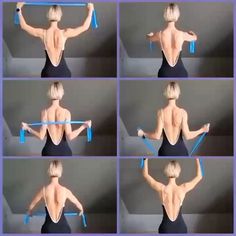 the woman is doing exercises with her arms and back while holding a pair of scissors