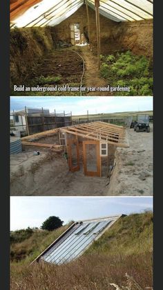 two pictures showing the different stages of building a house in an open field with grass and dirt