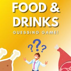 a man is standing in front of food and drinks with question marks on the side