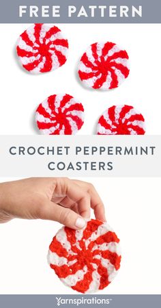 crochet peppermin coasters with text overlay that reads, free pattern