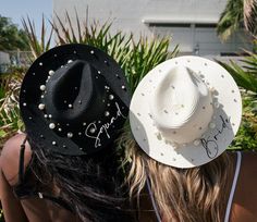 Hat With Pearls, First Letter Of Your Name, Bachelorette Hats, Black Cowboy Hat, Bridal Bachelorette Party, Bachelorette Outfits