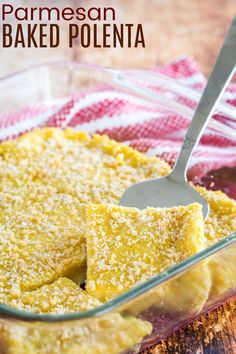 a casserole dish filled with baked polenta