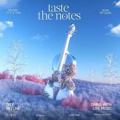 an advertisement for the movie taste the notes, featuring a cello in a lavender field