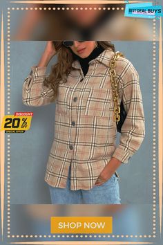 Casual Polo Regular Sleeve Collar Plaid Single-breasted Women's Shirt Coat Beige Casual Collar Top For Fall, Collared Beige Shirt For Fall, Fall Beige Top With Spread Collar, Beige Button Closure Shirt For Fall, Outerwear Women, Single Breasted, Women's Shirt, Coats For Women, Womens Shirts