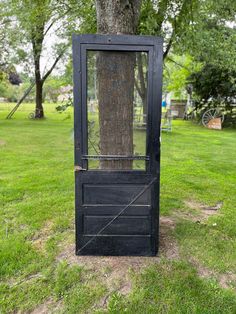 a black door is in the grass near a tree