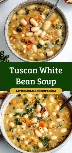 two bowls of white bean soup with bread on the side and text overlay that reads, tuscann white bean soup