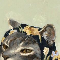 a painting of a cat with flowers on its head