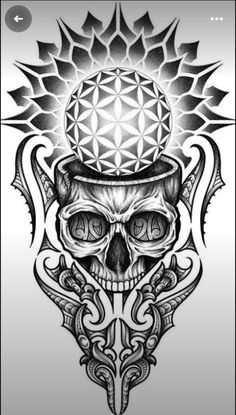 a skull with a hat on it's head and an intricate design in the background