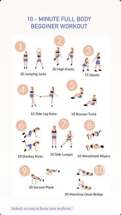 the 10 minute full body beginner workout is shown in this graphic style, with instructions to