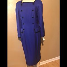 100% Rayon, Double Breasted Faux Buttons And Pockets. Armpits 20” Waist 17” Length 46” Navy Long Sleeve Midi Dress For Formal Occasions, Classic Lined Midi Dress For Formal Occasions, Blue Sheath Midi Dress For Fall, Blue Midi Dress For Office In Fall, Blue Fall Midi Dress For Office, Classic Blue Dress For Evening, Classic Fitted Blue Midi Dress, Fitted Long Sleeve Royal Blue Midi Dress, Fitted Royal Blue Long Sleeve Midi Dress