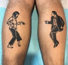 two people with tattoos on their legs