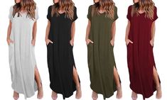 Womens Casual V-Neck Short Sleeve Side Slit Maxi Dress with Pockets Women Maxi Dresses Summer, Pocket Maxi Dress, Short Sleeve Maxi Dress, Long Beach Dress, Loose Maxi Dress, Short Sleeve Maxi Dresses, Long Midi Dress, Long Sleeve Short Dress, Summer Maxi