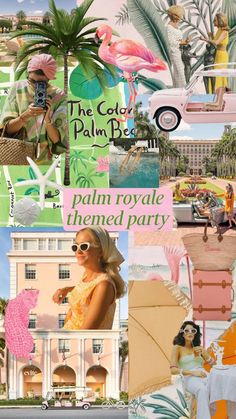 the collage is made up of photos and text that says palm royale themed party