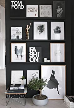 a black wall with pictures on it and a potted plant in the corner next to some books