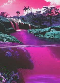 a pink and purple landscape with trees, water, and rocks