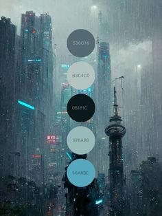 an image of a cityscape in the rain with different colors and shapes on it