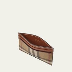 Burberry "Sandon" card holder in check faux leather (polyurethane), fabric, and leather  Center slot compartment  Exterior, four card slots  Lining: Viscose Approx. 3"H x 4.1"W x 4.1"D Made in Italy Burberry Wallet, Leather Card Case, Card Holder Wallet, Credit Card Holder, Card Holder Leather, Wallets For Women, Card Slots, Slots, Burberry