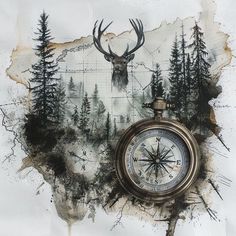 an old compass with a deer's head on it and trees in the background