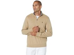 Polo Ralph Lauren Luxury Jersey 1/4 Zip Pullover - Men's Clothing : Luxury Tan Heather/C888 : Whether going out this weekend or staying in, look and feel your best wearing the Polo Ralph Lauren Luxury Jersey 1/4 Zip Pullover. This long-sleeve pull-over offers a business-casual style with its luxurious mock neck and soft, tight fabric for a fitted look. Quarter-zip placket. Long-sleeve construction with ribbed knit cuffs and hem. Signature embroidered pony at the left chest. 67% cotton, 29% visco Half-zip Stretch Sweater, Casual Turtleneck Polo Sweater For Work, Casual Long Sleeve Polo Sweater For Work, Versatile Long Sleeve Sweatshirt, Versatile Long Sleeve Sweater With Ribbed Collar, Stretch Long Sleeve Sweatshirt For Work, Long Sleeve Polo Sweater For Spring Workwear, Casual Fitted Half-zip Sweater, Business Casual Long Sleeve Winter Tops