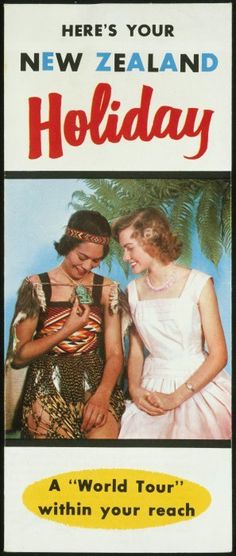 an advertisement for the new zealand holiday with two young women in white dresses and palm trees behind them