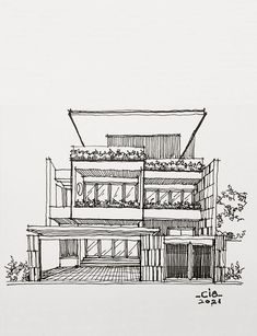 a drawing of a building with lots of plants on the top and bottom floor, in black and white