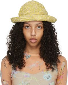 Crochet knit cotton-blend bucket hat in yellow and white. Scalloped brim. Available exclusively at SSENSE. Supplier color: Rope yellow Casual Yellow Wide Brim Crochet Hat, Casual Yellow Crochet Hat With Wide Brim, Casual Yellow Crochet Hat With Short Brim, Yellow Knitted Crochet Hat For Spring, Yellow Cotton Bucket Hat With Short Brim, Yellow Wide Brim Cotton Hat, Yellow Cotton Bucket Hat With Curved Brim, Yellow Cotton Brimmed Bucket Hat, Yellow Brimmed Cotton Bucket Hat