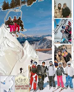 a collage of people on skis at the top of a mountain