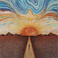 a painting of a person walking down a road towards the sun