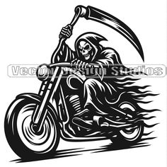 a skeleton riding on a motorcycle with a scooter in his hand and flames coming out