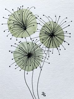 three green dandelions on white paper with black ink