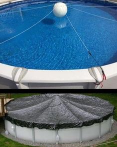 an above ground swimming pool with a cover on the bottom and in the middle it is surrounded by grass