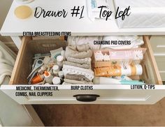 the drawer is full of personal care items and it's labeled with instructions for how to use it