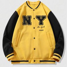 Varsity Jacket Size Xl Mens New York Coat Bomber Yellow Black New In Package Casual Yellow Outerwear With Letter Print, Casual Yellow Varsity Jacket, Fall Yellow Letter Print Outerwear, Yellow Varsity Outerwear For Winter, Yellow Varsity Winter Outerwear, Casual Yellow Outerwear For College, Yellow Varsity Jacket For Streetwear, Yellow Varsity Long Sleeve Outerwear, Yellow Long Sleeve Varsity Outerwear