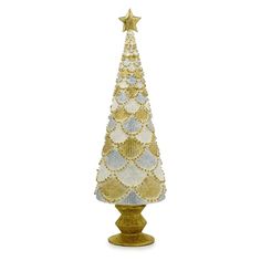 a gold and white christmas tree with stars on it's top, sitting in front of a white background