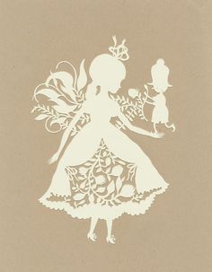 the silhouette of a girl with a flower in her hand and a bird on her shoulder