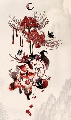 an artistic painting with flowers and birds in the sky