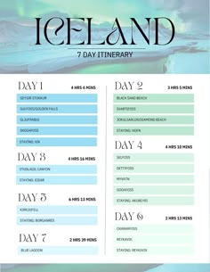 the iceland 7 day itinerary is shown in blue and green with white lettering