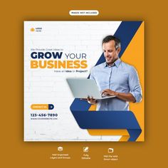 a business flyer with a man using a laptop