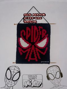 the spiderman crochet pattern is hanging on a wall next to some other items