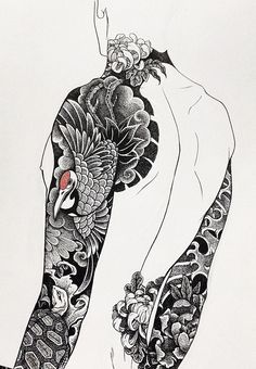 an ink drawing of a woman's back with tattoos on her arms and legs