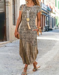 Women's Bohemian Dress Ethnic Print Crew-Neck Casual Holiday Maxi Dress Holiday Maxi Dress, Summer Shift Dress, Women's A Line Dresses, Womens Shift Dresses, Loose Fitting Dresses, Ethnic Dress, Maxi Robes, High Quality Dress, Khaki Dress