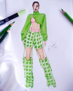 a drawing of a woman in green and white checkered pants