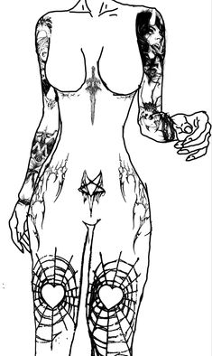 a black and white drawing of a woman with tattoos on her body, holding two hands