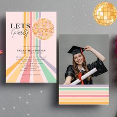 an image of a graduation party card on a table with flowers and other items around it