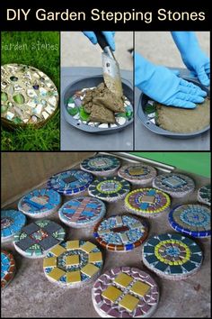 several pictures showing how to make garden stepping stones with colored glass and stone mosaics