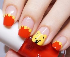 Winnie the pooh french nail art. Winnie The Pooh Nail Art, Pooh Nail Art, Shower Nails, Baby Shower Nails, Red Nail Art Designs