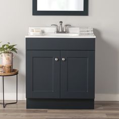 a bathroom vanity with a mirror above it and a plant in the corner next to it